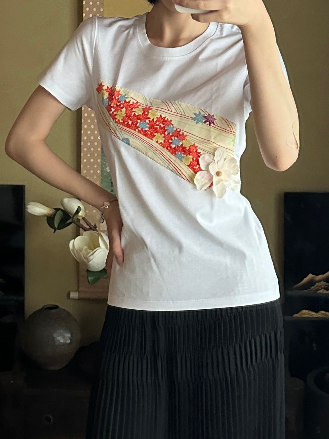 創作着物デザインTシャツ 白色