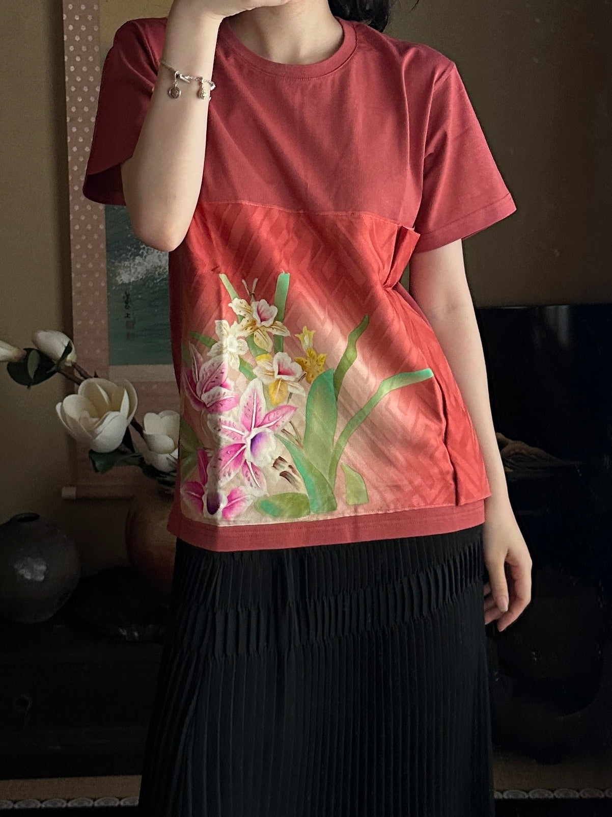 創作着物デザインTシャツ 珊瑚色