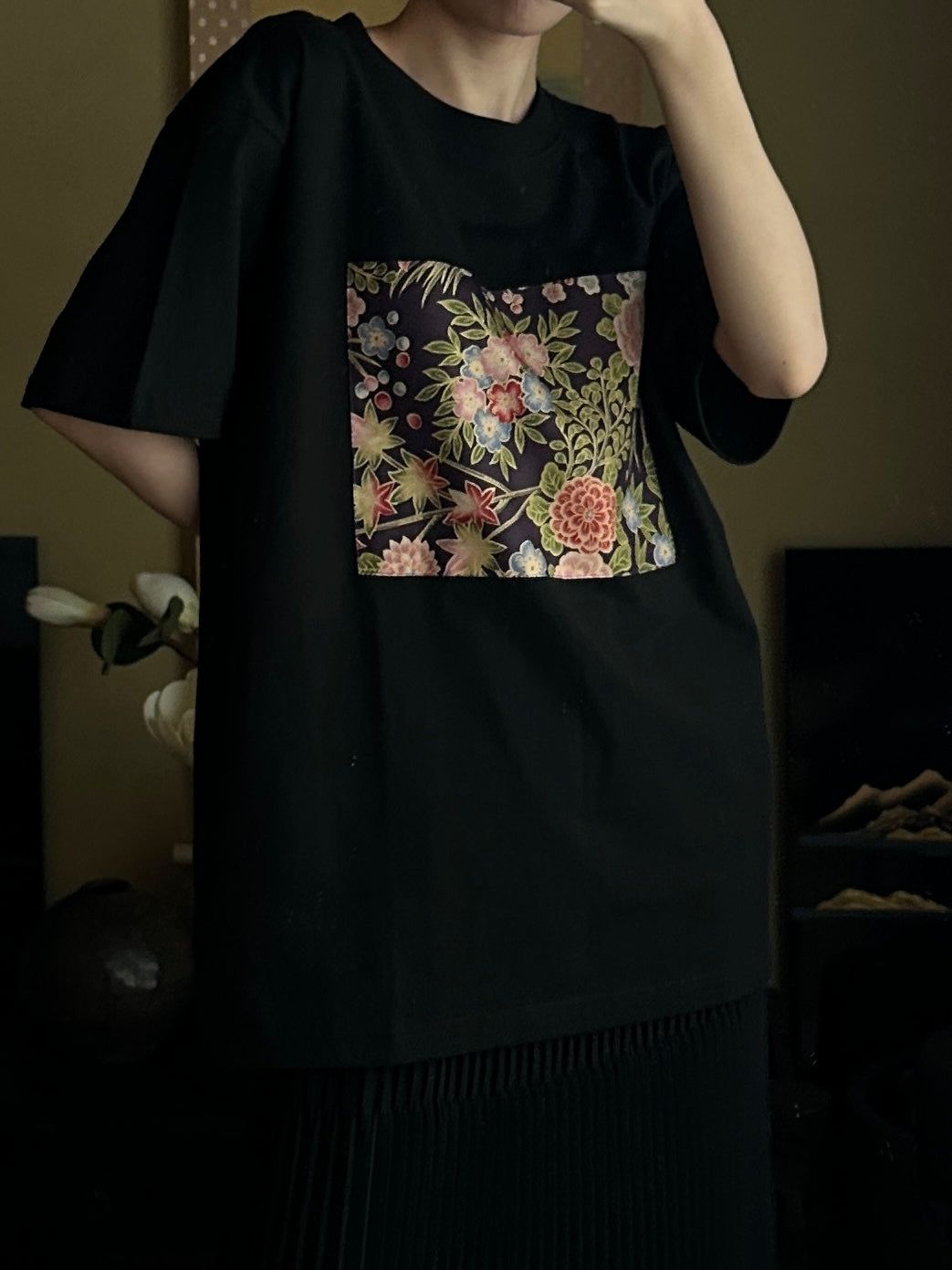 創作着物デザイン Tシャツ 黒色