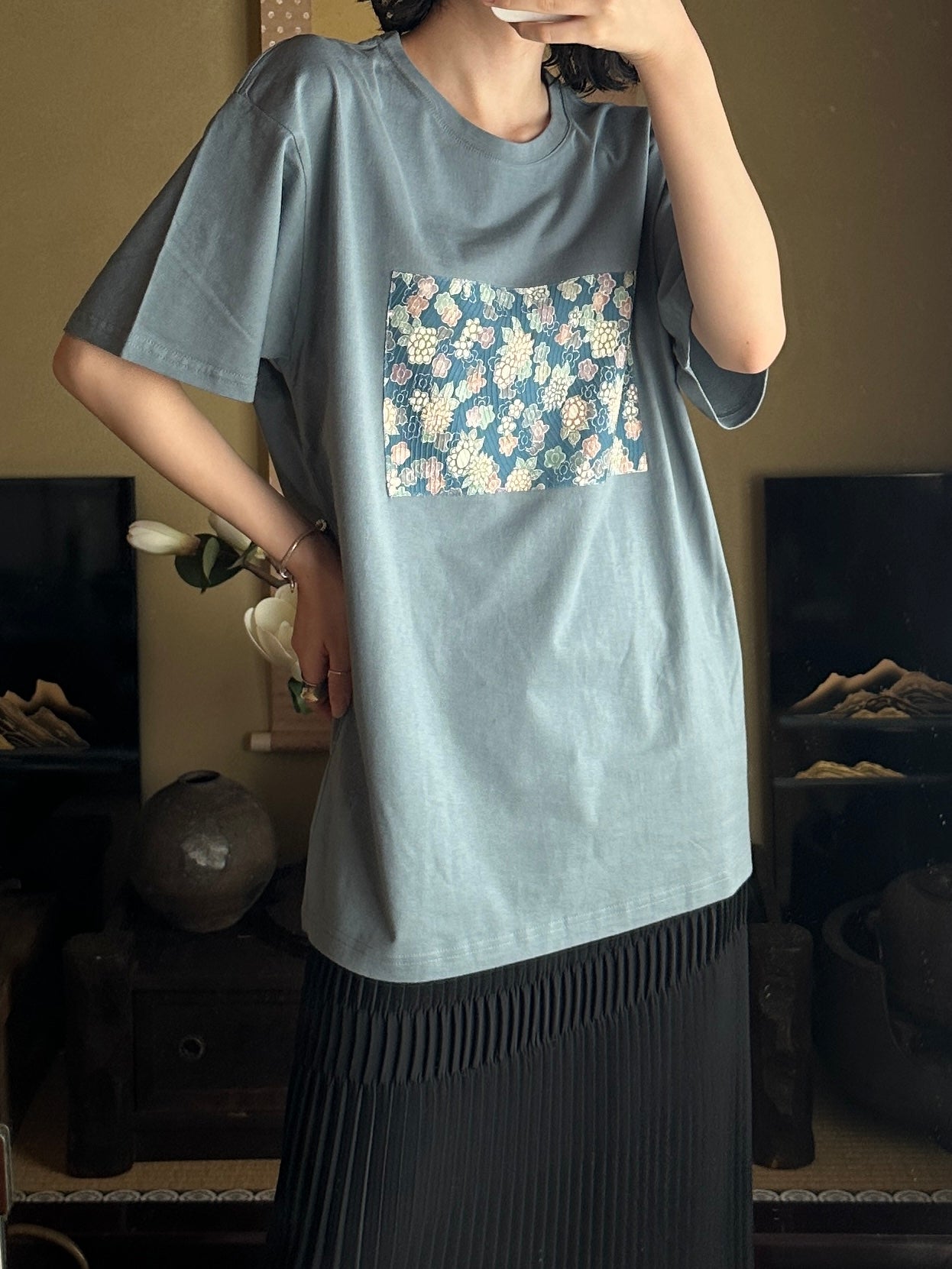 創作着物デザインTシャツ 勿忘草色